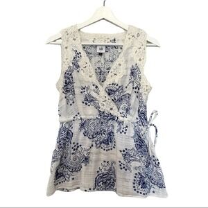 Cabi Blue White Paisley Print Lace Trim V Neck Empire Waist Top